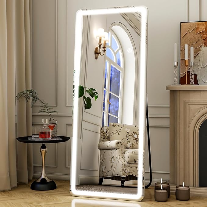 21"x56" Rectangular Full Length Mirror with LED Lights, Standing or Wall-Mounted Full Body Mirror with Stand, Dimmable 3-Color Lighted Floor Mirror for Bedroom, Dressing Room, Cloakroom