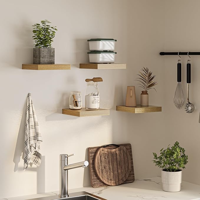 Square Floating Shelves for Wall, 10" W x 10" D x 1.2" H, Small Wooden Wall Mounted Display Shelves with Invisible Brackets for Living Room, Bedroom, Bathroom, Kitchen Decor, Set of 4, Oak