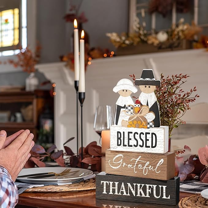 4 Pcs Thanksgiving Table Decor for Home Pilgrim Couple Wooden Signs with Blessed Thanksgiving Autumn Tiered Tray Decor Turkey Tabletop Centerpiece Grateful Block Signs for Office Kitchen Shelf