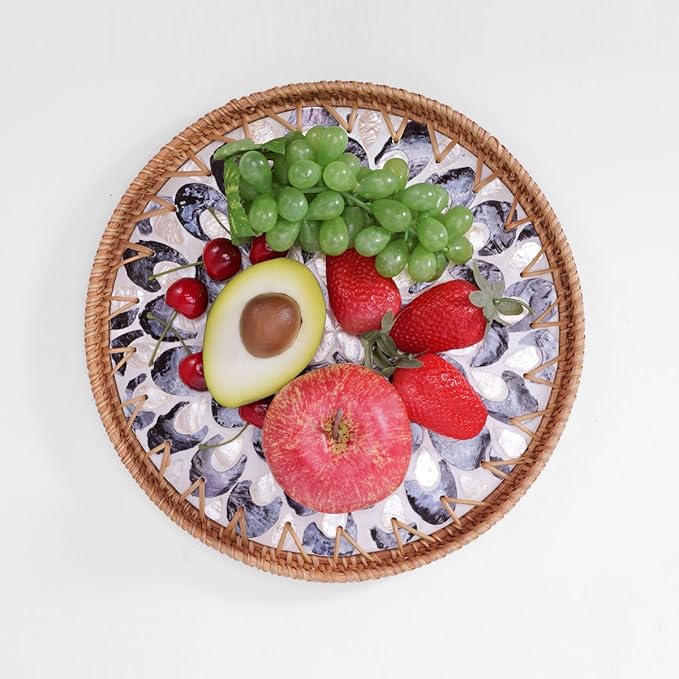 Shellac Rattan Tray with Mother of Pearl Inlay, Round Decorative Serving Tray for Home Décor Coffee Table Storage and Display, 100% Natural Materials - Ottoman Tray Black 12"