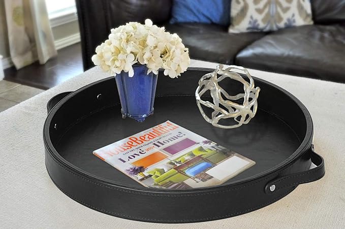 HofferRuffer PU Leather Round Serving Tray with Handles, Decorative Catchall Vanity Coffee Tray, Faux Leather Ottoman Tray for Home Or Office, Diameter 14.6-inch (Black)