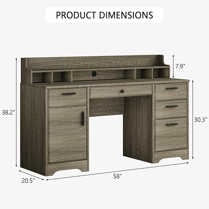 58 Inch Executive Desk with File Drawers, Computer Desk with Storage, Rustic Desk with Adjustable Shelves, Office Desk with Hutch for Bedroom, Grey