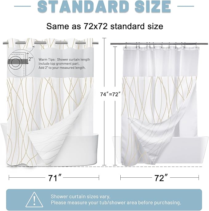 No Hook Beige Khaki Striped Shower Curtain with Snap in Liner Set - Hotel Shower Curtain and Liner Set with See Through Mesh Top Window,Machine Washable, 71x74 INCH