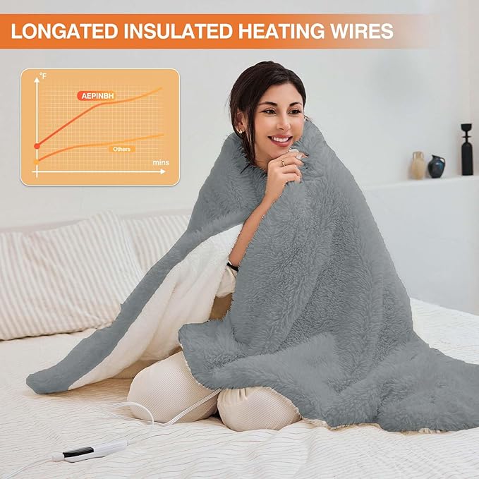 Heated Blanket - Soft Shaggy Faux Rabbit Fur Electric Blanket, Fast Heating Blanket with 10 Hours Auto Shut Off, 6 Fast Heating Levels (Gray, 84"X90")