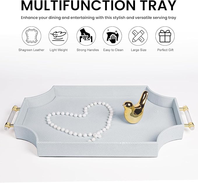 22.6'' × 13'' Coffee Table Tray Shagreen Decorative Tray for Ottoman Home Decor Serving Tray with Acrylic Gold Handles Modern Elegant Scalloped Large Ottoman Tray