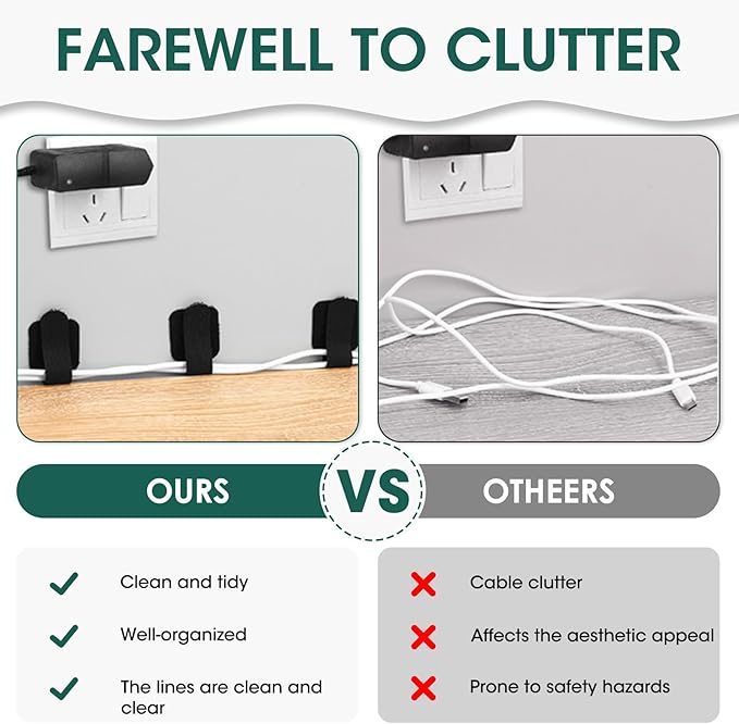 Hook and Loop Cable Ties, 50PCS Black Cord Organizer, Under Desk Cord Management for Home & Office, 1.18×3.54×0.59in