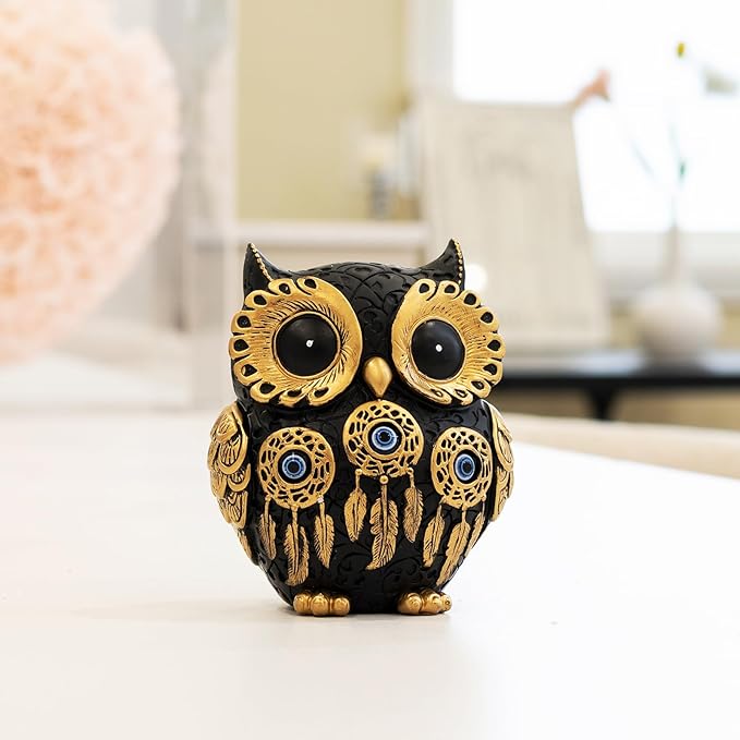 Vintage Black Owl Statue Home Decor - Evil Eye Accent for Bookshelf, Bedroom, Living Room, Office & Table. Cute Small Animal Sculpture Gift for Owl & Birds Lovers