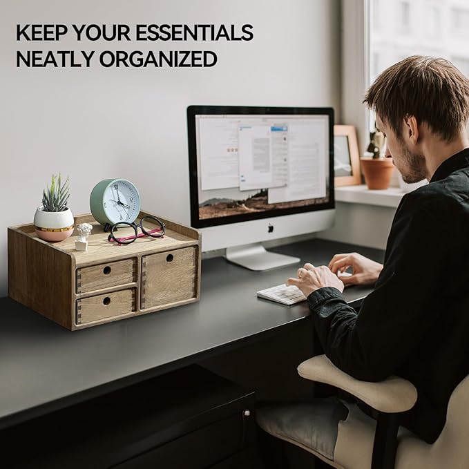 KIRIGEN Desk Organizer with 3 Drawers - Wood Drawer Storage Box with Trays for Tabletop - Workspace Office Toiletries Supplies Tool Caddy - Wooden Storage Cabinet1 Layer Dark Brown（DT1D3C-DBR）