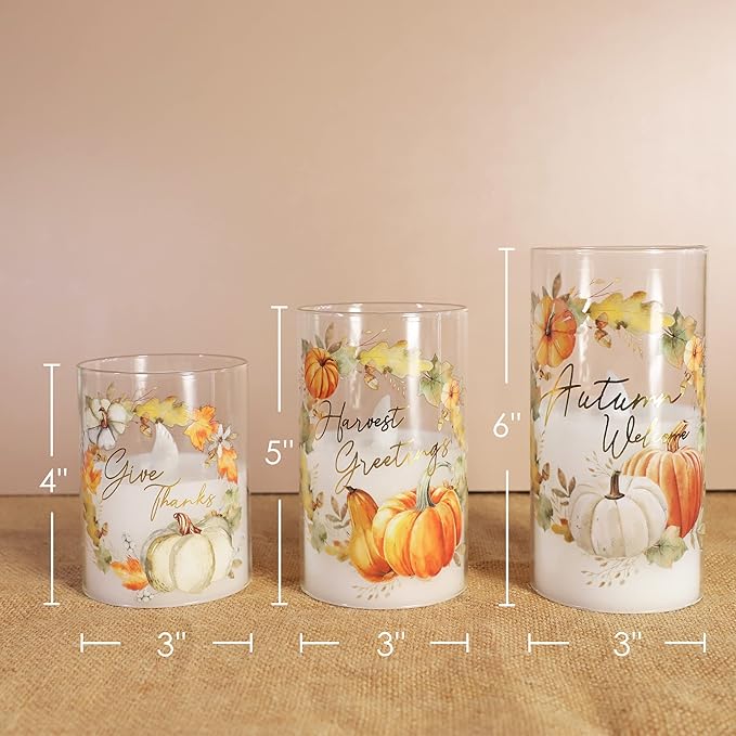 Fall Decor Flameless Candles with Remote Thanksgiving Gift Set of 3 Autumn Theme Autumn Ornament LED Home Decor Battery Operated Timer Pumpkin Maple Leaves Painting Harvest