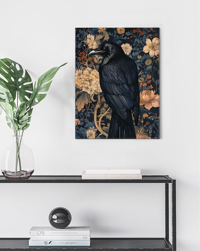 Aesthetic Raven Floral Wall Art Decor Vintage Raven Cottagecore Canvas Print Poster Dark Academia Framed Painting Wall Decoration for Home Farmhouse Living Room Bedroom 11x15 Inch
