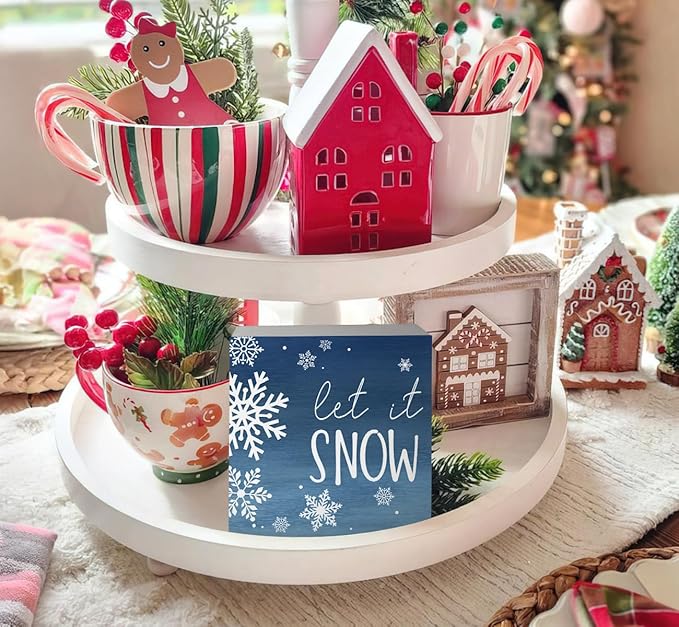 EIONEY Let it Snow Christmas Decorations Wood Box Sign,Rustic Farmhouse Winter Christmas Desk Decor,Seasonal Winter Holiday Decor for Home Bedroom Living Room Desk Shelf Table,5x5 Inch