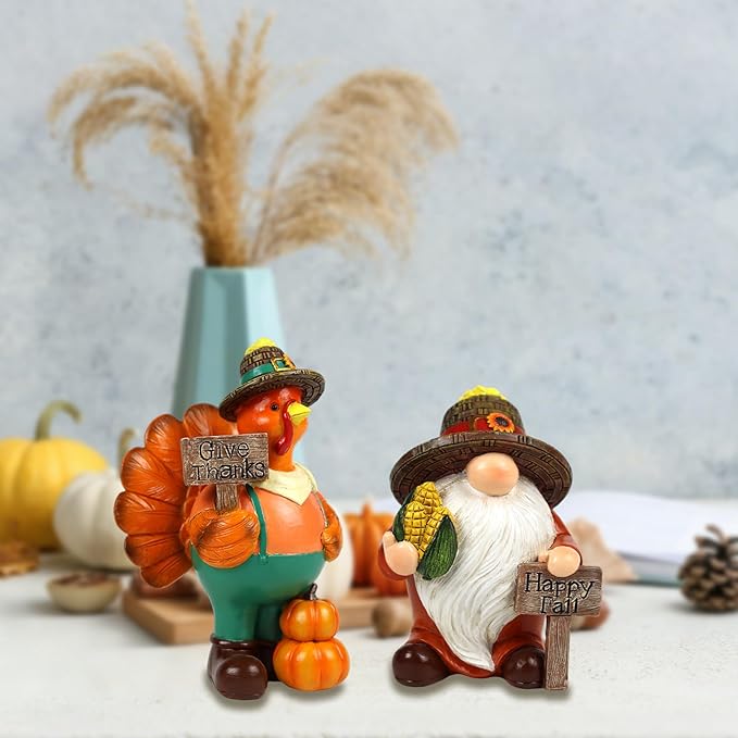 Thanksgiving Gnome Figurine 2 PCS Fall Harvest Turkey Decoration Autumn Tabletop Give Thanks Decor Indoor Holiday Collectible Statue for Women Men Kids