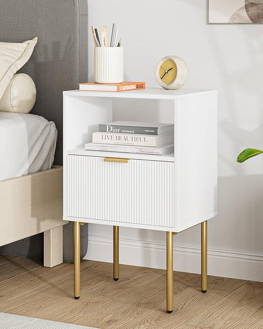 Masupu Night Stand, Mid-Century Bedside Table with Storage Drawer and Open Wood Shelf, Small Gold Frame Flueted Nightstand, Side Table for Bedroom, Living Room, White(Tall 25'')