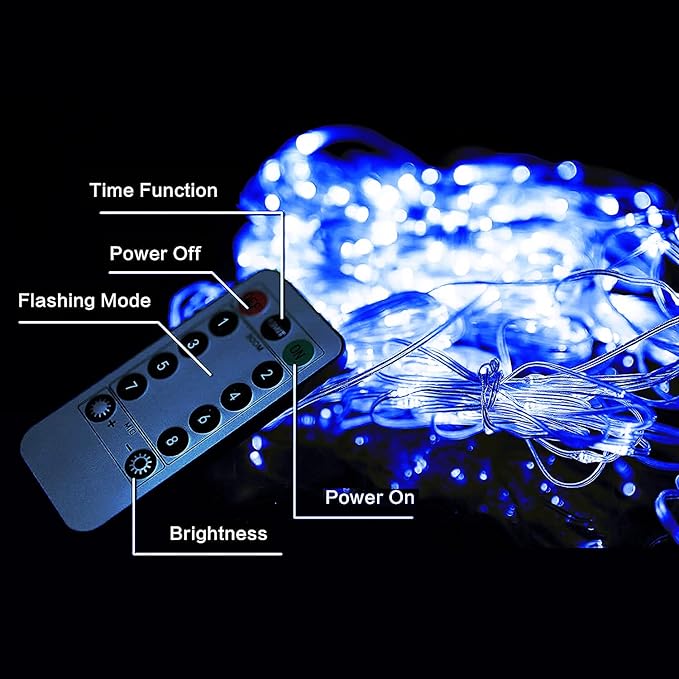 300 LED Curtain String Lights, Twinkle Fairy Lights for Bedroom with 8 Lighting Modes, USB Christmas Lights for Party Home Bedroom Indoor Wall Room Decor (Blue)