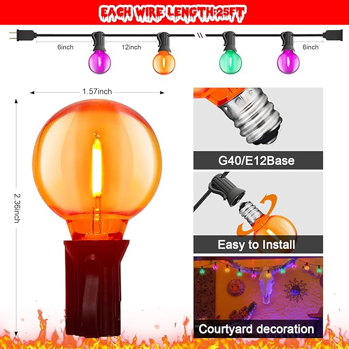 LED Outdoor String Lights 25Ft Orange Purple and Green Halloween Lights Outdoor with 27 Shatterproof LED Globe Bulbs, Connectable Halloween Decorations Lights for Home Patio Garden Christmas Party