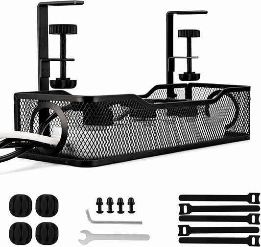 No Drill Under Desk Cable Management Tray – Clamp-On Metal Cable Organizer for Power Cords – Easy Install Wire Holder for Home Office Desk (Black)