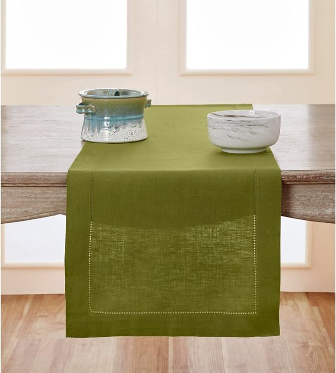Solino Home Linen Hemstitch Table Runner 36 Inches - 100% Pure Linen Avocado Green Table Runner 14 x 36 Inch Ideal for Dresser and Coffee Tables - Fall, Autumn, Thanksgiving - Classic Hemstitch