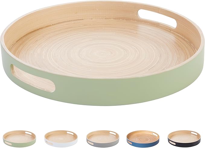 Spun Bamboo Round Serving Tray, Sage, 13.75 Inches