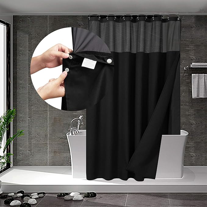 N&Y HOME Extra Long Waffle Weave Shower Curtain with Snap-in Fabric Liner Set, 12 Black Hooks Included - 71" x 84", Hotel Style, Mesh Top Window, Machine Washable & Water-Repellent - 71x84, Black