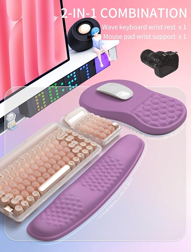 Hokafenle 2in1 Combination, Wave Keyboard Wrist Rest and Ergonomic Curvature Mouse Pad Wrist Support for Relieve Wrist Pain, Filled with Soft Cushion Memory Foam, Purple Lilac