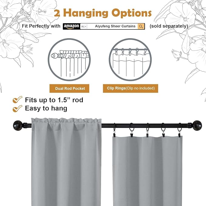 Aiyufeng Silver Grey Blackout Curtains for Bedroom 72 Inch Length 2 Panels, Privacy Thermal Insulated Rod Pocket Door Window Curtains for Patio French Door Front Door, W40 x L72 Inch, Silver