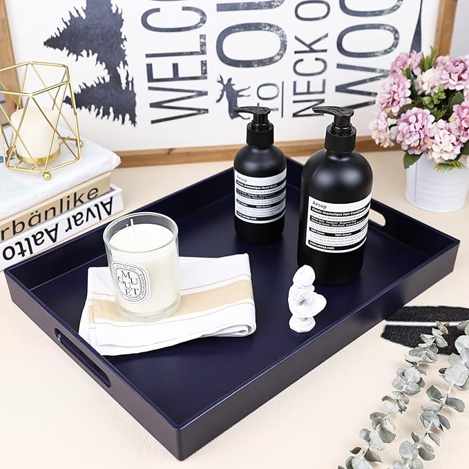 Navy Blue Serving Tray for Coffee Table, Rectangular Plastic Decorative Tray with Handles for Entertaining, Outdoor Patio, Living Room, Ottoman, Bathroom Counter, 11.8”*15.7”*1.6”