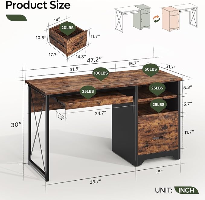 Bestier 47" Computer Desk with Drawers, Small Home Office Desk with Drawer, Reversible Industrial Office Desk with Storage & Keyboard Tray for Small Space Home Office & Studio, Rustic Brown