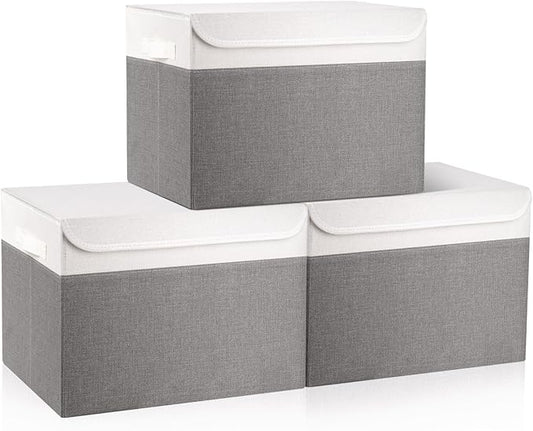 Large 17" 42 Quarts Collapsible Stackable Storage Bins with Lids [3-Pack] Foldable Fabric Linen Storage Boxes Cube, Closet Organizer Baskets with Label (16.7 x 12 x 12", Gray & White)