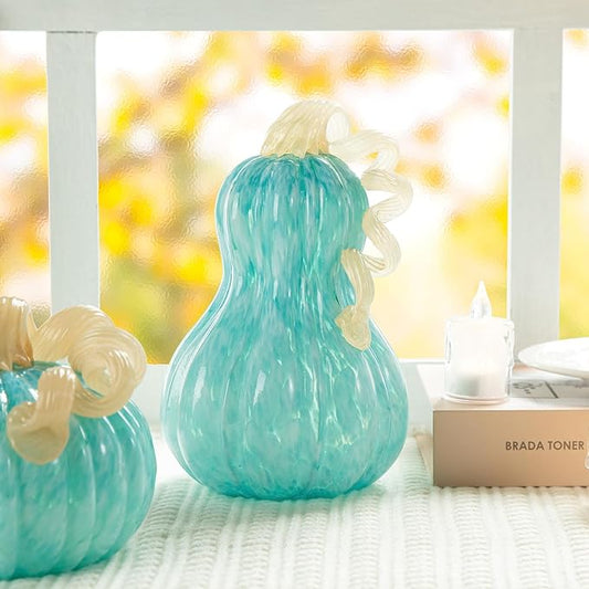 Glitzhome 8.5" H Fall Glass Gourd,Tabletop Crystal Pumpkin Craft Ornament for Home Decor Halloween Party Decoration Thanksgiving Gift Fall Pumpkin Decor,Turquoise