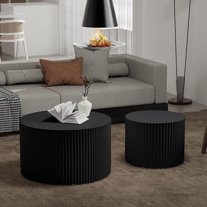 Nesting Coffee Table Set of 2 Modern Round Coffee Table with Non-Slip Feet Wood Drum Circle Accent Tables End Table Set for Living Room Bedroom Office (Black Round Set)