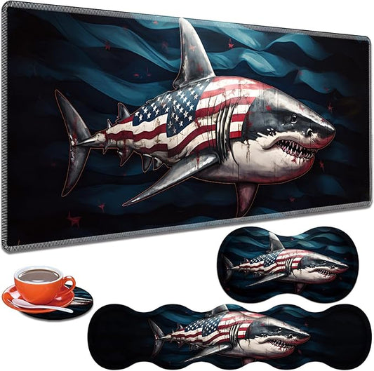 Large Gaming Table Pad 31.5 "x 11.8" + Keyboard Wrist Pad + Mouse Wrist Pad + Coaster Non-Slip Base 4-in-1 Set, Ergonomic Memory Foam, Easy Typing Pain Relief, American Flag Shark