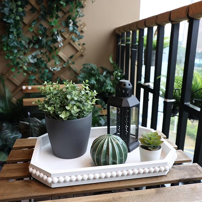 White Wood Serving Tray with Beads, Farmhouse Decorative Tray for Table Centerpiece, Christmas Wedding Halloween Home Decor