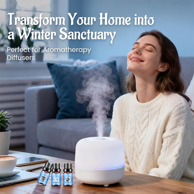 Winter Essential Oils Set, 6 Premium Holiday Fragrance Oil for Diffuser, Candle & Soap Making, Frozen Magic, Winter Wonderland, Hot Cocoa, Frosted Fir, Warm Sweater, Log Fire, Scented Oils for Home