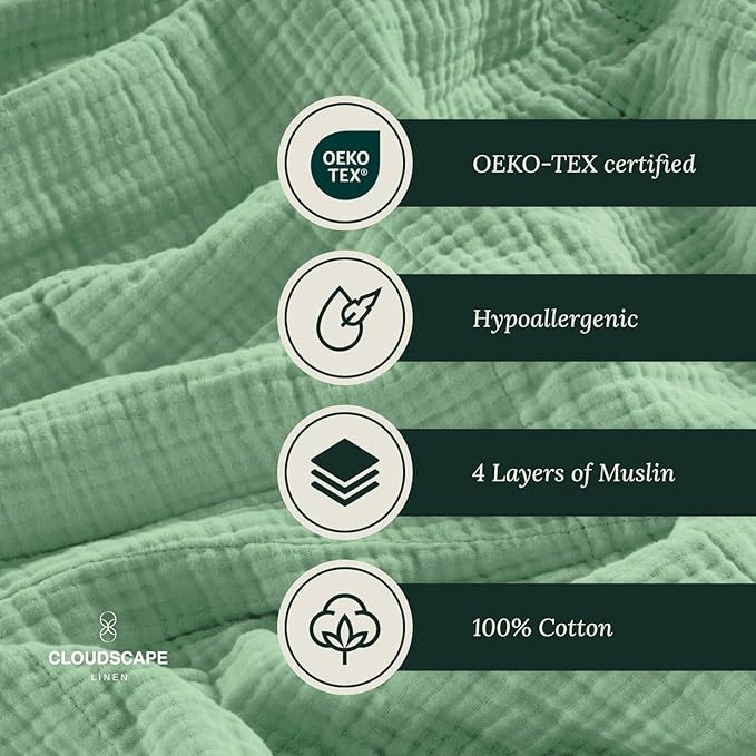 Cloud Scape Linen Extra Large 4 Layer Muslin Throw Blanket - 100% Cotton Gauze, Lightweight & Breathable All Season, Pre-Washed, for Couch & Bed, 50x70, Olive Green