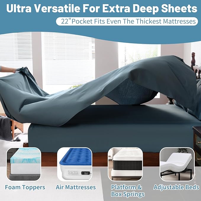 Extra Deep Pocket King Sheets 18-24 Inch 100% Egyptian Cotton 1000 Thread Count Sateen Weave Soft Breathable 4 Pieces（King，Lake Blue）
