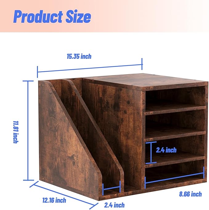 Wood Desk Organizer File Holder, Wooden Mail Organizer Countertop with Adjustable Compartments, Desktop File Organizer Paper Sorter for Home, Office and School, Envelope Organizer, Brown