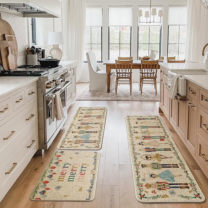 Artoid Mode Watercolor Nutcrackers Merry Christmas Decorative Kitchen Mats Set of 2, Home Party Low-Profile Kitchen Rugs - 24"x36"+24"x59"+24"x72"