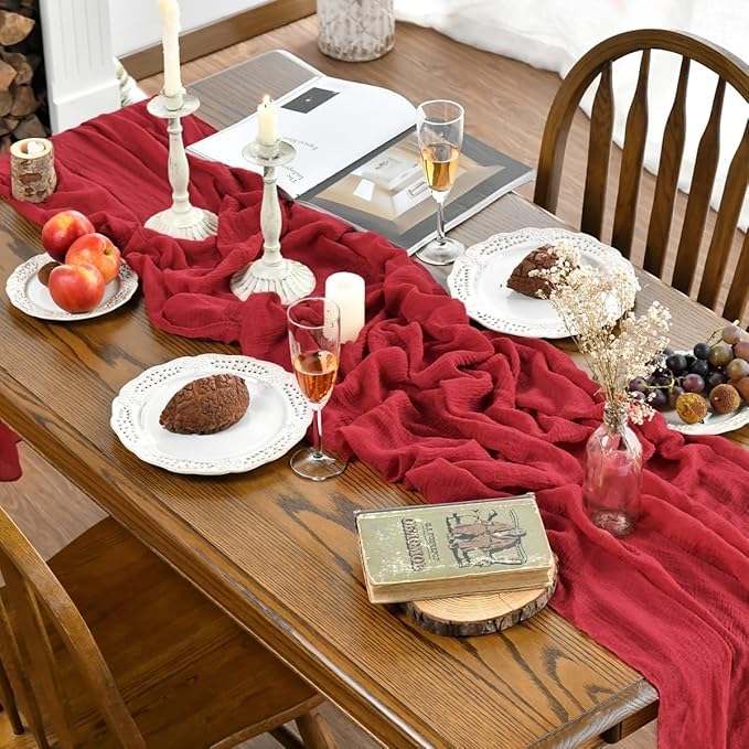 Artoid Mode Boho Cheesecloth Gauze Red Wedding Table Runner, 120 Inch Seasonal Christmas Fabric Kitchen Dining Holiday Table Decor for Home Party Indoor