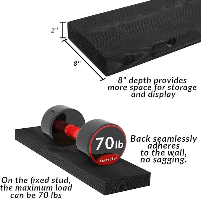 Rusitc Floating Shelves 48 inch Long 8 "deep Set of 2, Heavy Duty Wood Wall Mounted Shelves for Bathroom Living Room Kitchen,Book Shelves with Thickened Hidden Bracket-Black