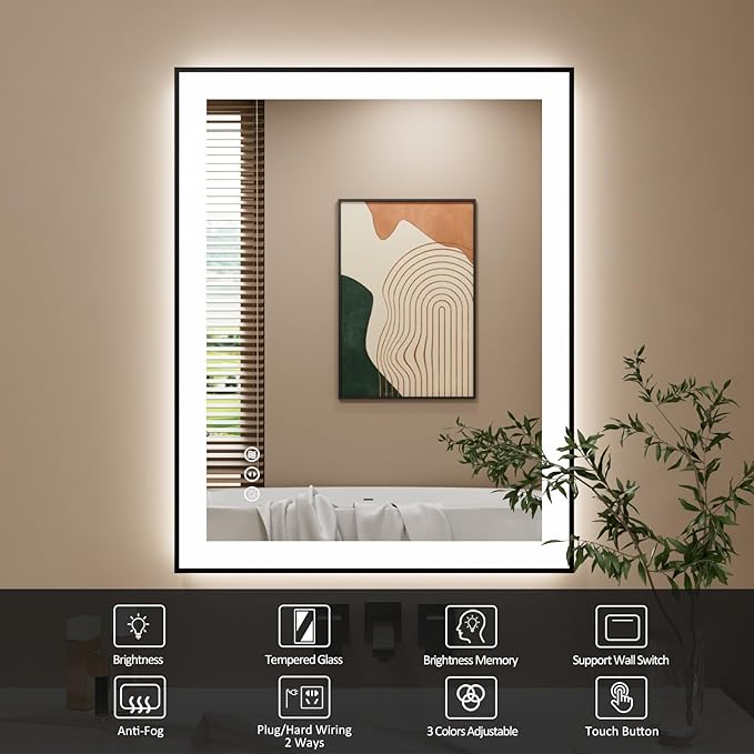 24x32 Inch LED Bathroom Mirror with Black Frame, Backlit and Front Lighted Bathroom Mirrors for Wall, Anti-Fog, Dimmable, Memory, Shatterproof, LED Vanity Mirror for Bathroom