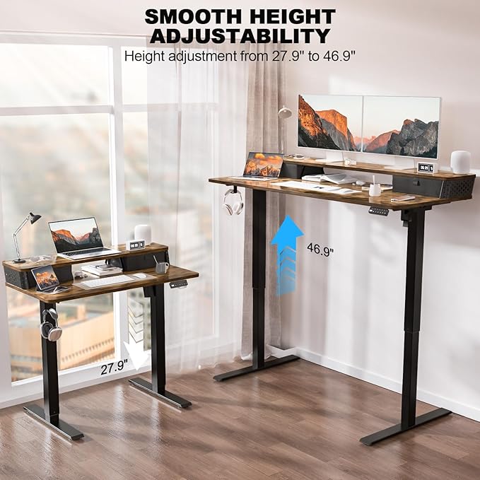 48 x 24 Inch Standing Desk with 2 Drawers, Easily Assembled Height Adjustable Desk, Ergonomic Sit to Stand Electric Desk for Home Office Workstation, Rustic Brown