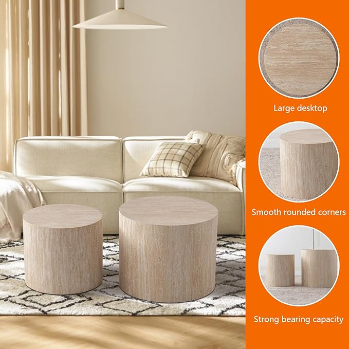 Round Coffee Table Set of 2 Modern Nesting Coffee Tables for Living Room Wave Stripe Round Coffee Table for Bedroom Office No Need Assembly (J)