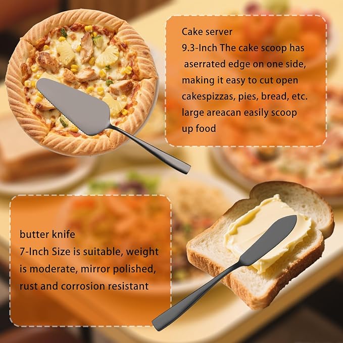 Large Hostess Serving Utensils Set, Stainless Steel Heavy Duty Serving spoons, Slotted Spoons, Serving Fork, Cake Server, Butter Knife, Dishwasher Safe (Black)