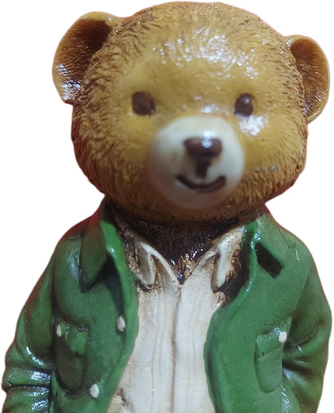 T7 Teddy Bear Figurine in Green Jacket – Handcrafted Resin Bear Statue – Cute Shelf Decor & Gift Idea – Collectible Home Ornament for Kids, Adults & Bear Lovers | Tiig
