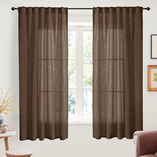 YoungsTex Linen Semi Sheer Curtains 63 Inch Length for Living Room Window - Chocolate Brown Light Filtering Drapes Textured with Rod Pocket Back Tab Privacy for Bedroom, 2 Panels, 42 X 63 Inch