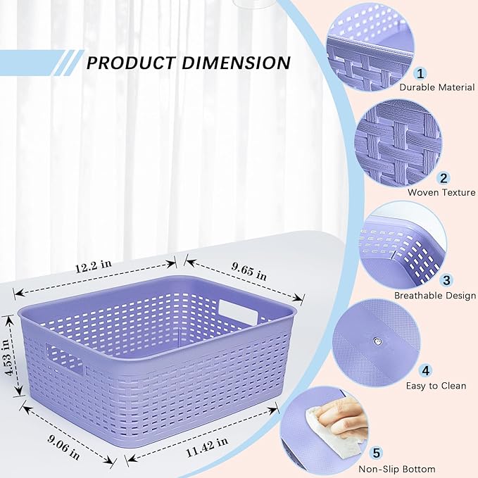 Soddeph Plastic Storage Baskets for Cabinets, Household Pantry Organization with Handle,Organizer Bins for Room,Bathrooms,Under-Sink,Kitchen (Purple, M-3PACK)