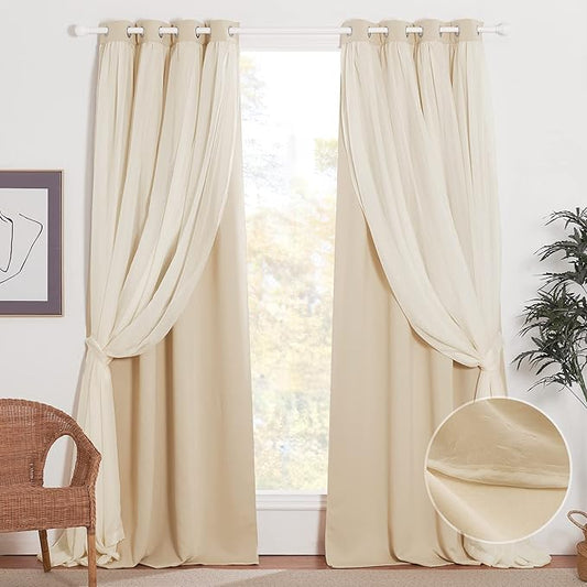 NICETOWN Nursery Sheer Plus Blackout Curtains for Girls Bedroom/Kids Livingroom/Sliding Door, Window Treatment Layered Curtains with Grommet Top (2 PCs, 108 inches Long, Tie Backs Included)