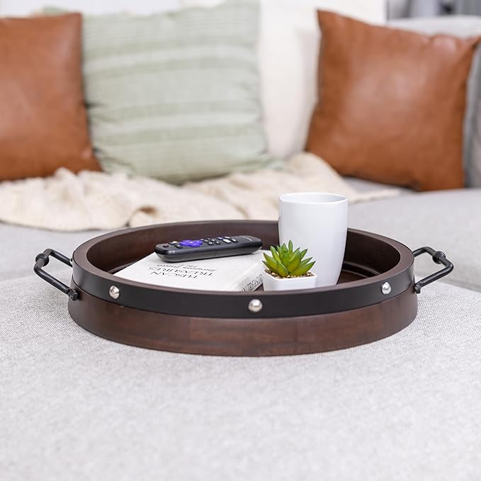 16" Large Round Ottoman Tray, Heavy Duty Mango Wood, for Serving Tea, Breakfast in Bed, Living Room Large Coffee Table Tray Rustic with Farmhouse Style, Decorative Handles and Accent Strap