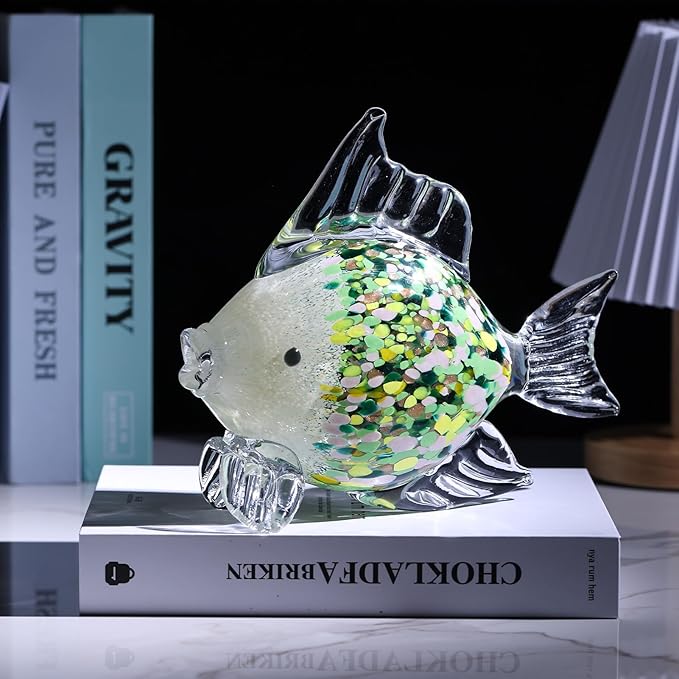 9.4 in Blown Colored Glass Fish Statue, Green Glass Fish Paperweight Sculpture for Modern Home Decor, Living Room Coffee Table, Office Desk, Dining Table Centerpiece, and Window Display (D)