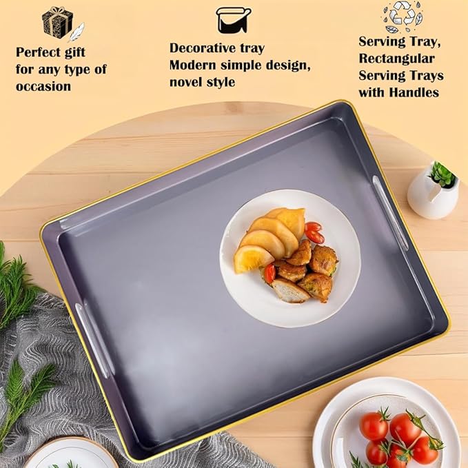 Large Grey Coffee Table Tray, Decorative Serving Tray with Handles, Plastic Rectangular Tray for Ottoman, Bathroom, Living Room. 16.7"*12"*1.6"